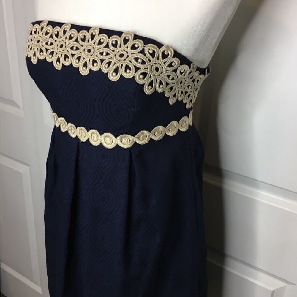 Lilly Pulitzer Betsey Navy and Gold Jacquard Strapless Dress Size 2 - Picture 6 of 16